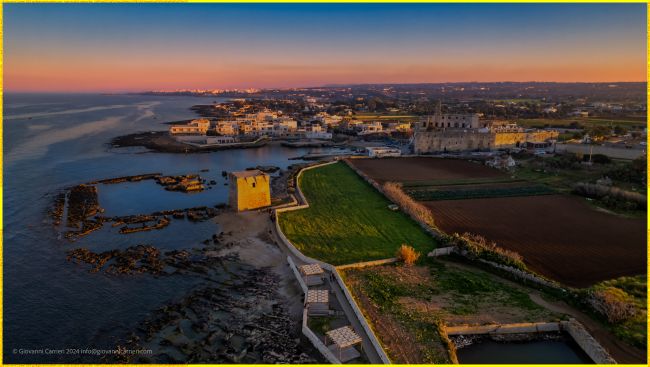 San Vito, frazione di Polignano a Mare, vista aerea al tramonto